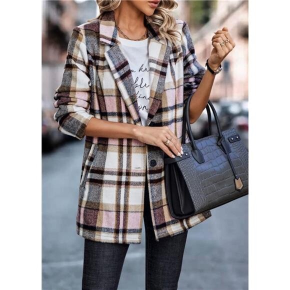 Women's 2024 Plaid Shacket Jacket Casual Button Wool Blend Winter Trench Coat - Picture 5 of 7